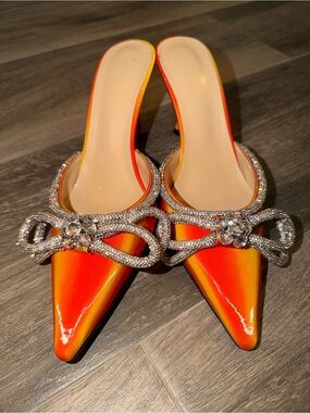 Mach & Mach Elegant Orange-Red Satin Pointed Mule with Crystal Bow